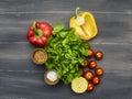 Concept of cooking vegetarian food, useful, vitamin-rich vegetables and fruits, salad, bell peppers, lime, cherry tomatoes,lime, l