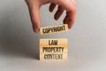 Concept copyright and intellectual property on wooden blocks.