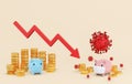 Concept of the coronavirus, covid-19, affecting the economy, pink pig wearing face masks, is being attacked by the virus, lowering