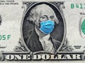 Concept of Coronavirus Crisis and its affect on the world wconomy. COVID-19 coronavirus in USA, 1 dollar money bill with face mask Royalty Free Stock Photo