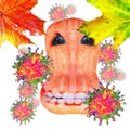 Concept of coronavirus halloween: anthropomorphic face of orange pumpkin on background of COVID 19 balls Royalty Free Stock Photo