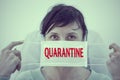 Concept of coronavirus quarantine, new virus - covid-19, woman urges everyone to wear masks. On the girl is a medical mask with