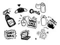 Concept of coronavirus quarantine vector illustration. vector black and white graphic doodle stickers with medical masc