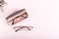 The concept of correct storage - whole glasses in a hard case and broken glasses. Top view Royalty Free Stock Photo