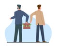 Concept of corruption, man hands another man suitcase full of money. Financial crime, giving bribe in cash, bribery in Royalty Free Stock Photo