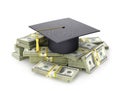 Concept, the cost of education. The graduate`s hat on a bundle of dollar bill. 3d illustration