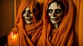 A Couple Of Skeletons Dressed In Orange Robes. Generative AI