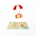 Concept courier service. Logistic and delivery packages. Package flies to the destination on the map. Flat vector illustration iso Royalty Free Stock Photo