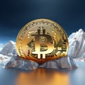 Concept, course of bitcoin is gradually melting, falling. Coin against background of ice Royalty Free Stock Photo