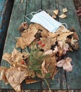 The concept of the COVID 19 coronavirus epidemic. Medical mask on autumn leaves in the forest on a wooden natural table. Fresh air Royalty Free Stock Photo