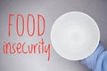 A concept of Covid-19 effect. A hand holding a plate with word FOOD INSECURITY. World problem