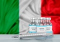 concept Covid-19 immunization vaccine in Italy a disease caused by the sars-cov-2 coronavirus. Syringe on Italy flag