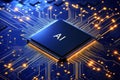 Concept CPU microchip for ai and data network. Close-up view of modern chip gpu card with circuit blue neon lights. Royalty Free Stock Photo