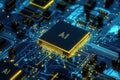 Concept CPU microchip for ai and data network. Close-up view of modern chip gpu card with circuit blue neon lights., Royalty Free Stock Photo