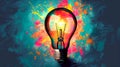 Concept of creative idea. Illustration of glowing light bulb on abstract colorful background Royalty Free Stock Photo