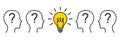 Concept creative idea and innovation, humans head silhouette, light bulb idea and question mark, brainstorming, therapist