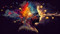 Concept of creative ideas and artistic expression. Illustrated through an abstract image of human head with bursts of color