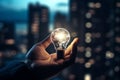 Creative, new ideas and innovation, hand holding light bulb and smart brain inside and innovation icon network connection on dark Royalty Free Stock Photo