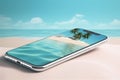 sand creative concept phone sea mock holiday up cyber palm summer. Generative AI.