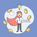 Concept Of Creativity, Business Success. Happy Young Businessman With Lots Of Gold Coins Flying Around. Successful Man