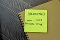 Concept of Credentials, Login and Password write on sticky notes isolated on Wooden Table