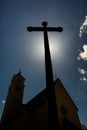 Concept cross religion symbol silhouette over sky. Christian religion background concept. The cross symbol for Jesus Christ. Royalty Free Stock Photo