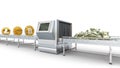 Concept of crypto currencies move along the conveyor belt to the machine and are transformed into stack of dollars, isolated on Royalty Free Stock Photo