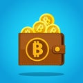 Concept of Crypto currency. Brown bitcoin wallet with coins