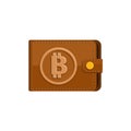 Concept of Crypto currency. Brown bitcoin wallet with coins on white background.