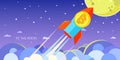 Concept of Crypto-currency. Rocket flying to the moon with bitcoin icon.