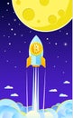 Concept of Crypto-currency. Rocket flying to the moon with bitcoin icon.