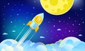 Concept of Crypto-currency. Rocket flying to the moon with bitcoin icon.