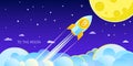 Concept of Crypto-currency. Rocket flying to the moon with bitcoin icon.