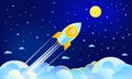 Concept of Crypto-currency. Rocket flying to the moon with bitcoin icon.