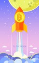 Concept of Crypto-currency. Rocket flying to the moon with bitcoin icon.