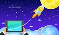 Concept of Crypto-currency. Rocket flying to the moon with bitcoin icon.