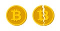 Concept Cryptocurrency Bitcoin divided. Cash Flat design vector. Vector broken bitcoin. Blockchain and crypto currency crisis. Cry