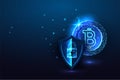 Cryptocurrency data protection concept with bitcoin coin and protective shield with access padlock