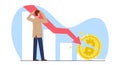 Concept of cryptocurrency value decline, bitcoin price drop. Male investor and falling red arrow. Crypto currency market Royalty Free Stock Photo