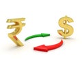 Concept of currency converting with Indian Rupee and Dollar in white background. 3d render Royalty Free Stock Photo