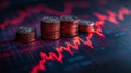 The concept of currency fluctuation on commodities is illustrated by stacks of coins with a rising graph in the background Royalty Free Stock Photo