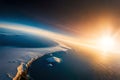 Curvature Of Planet Earth. Aerial View Of Blue Planet From Space. Sunrise Over Globe Land And Ocean. Generative AI Royalty Free Stock Photo