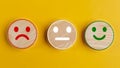 Concept of customer satisfaction. Happy sad and neutral smile faces on wooden blocks on a yellow background. Customer satisfaction