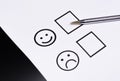 The concept of a customer satisfaction survey and a questionnaire. Provide feedback via a multi-choice form. paper and emoticon