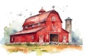 Cute cartoon hay barn or cowshed in red color isolated on white background, watercolour, postcard, texture, book, wallpaper, print Royalty Free Stock Photo