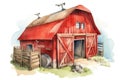 Cute cartoon hay barn or cowshed in red color isolated on white background, watercolour, postcard, texture, book, wallpaper, print Royalty Free Stock Photo