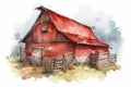 Cute cartoon hay barn or cowshed in red color isolated on white background, watercolour, postcard, texture, book, wallpaper, print Royalty Free Stock Photo