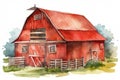 Cute cartoon hay barn or cowshed in red color isolated on white background, watercolour, postcard, texture, book, wallpaper, print Royalty Free Stock Photo