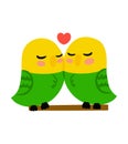 Concept of cute couple of budgies. Vector illustration. Kissing parrots. Flat. Image isolated on white background Royalty Free Stock Photo