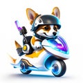 Concept cute dog chibi riding a futuristic fast speed scooter on white background